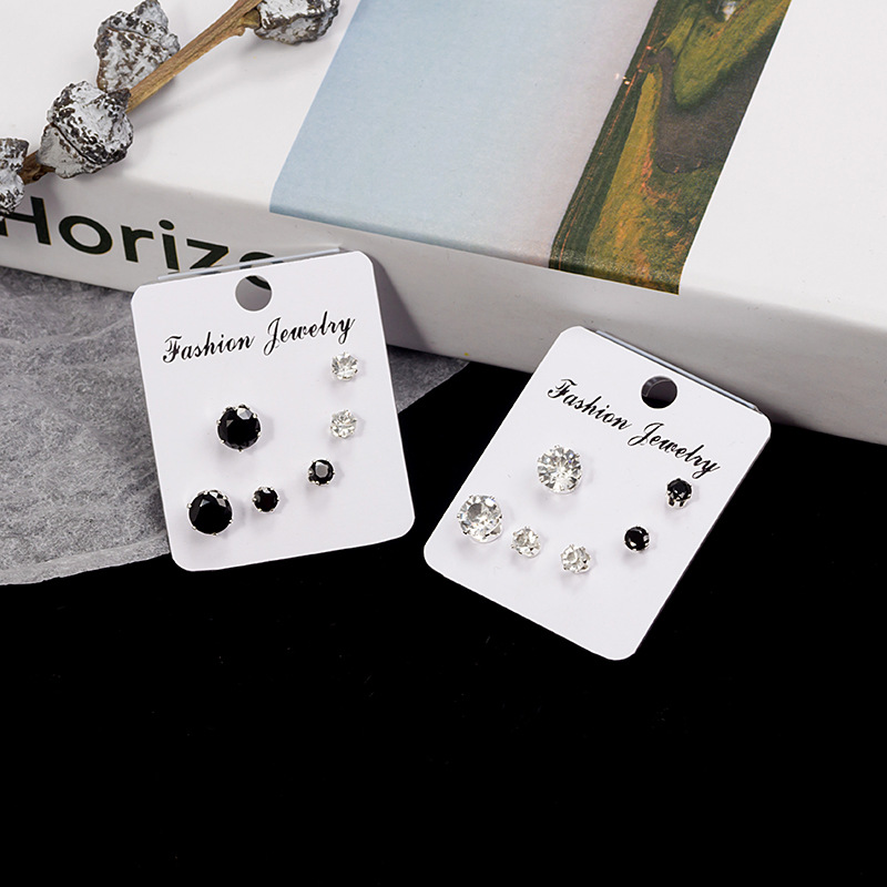 Japanese and Korean simple geometric diamond earrings set men and women exquisite temperament 3 pairs of black and white combination small zircon earrings