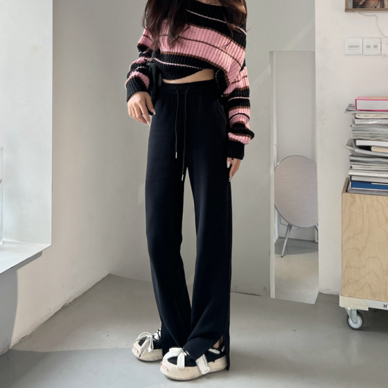 Sports wide-leg pants for women in spring, side slits, high-waist drape, casual floor-length mopping, loose, narrow straight-leg pants for small people