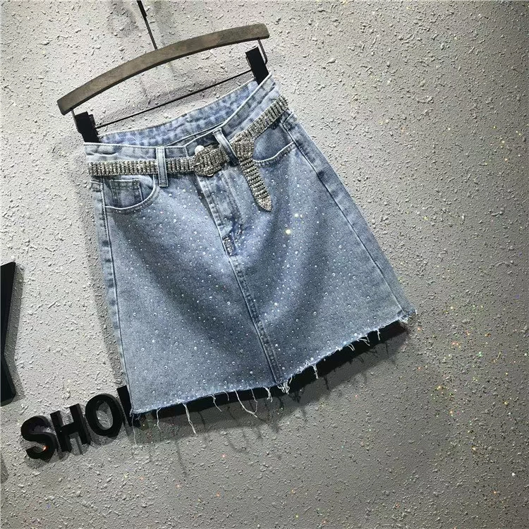 Châu Âu 2019 xuân hè hè nữ mới eo cao Một gói từ hông váy lông cạnh khoan nóng váy denim mỏng nữ - Váy chân váy chấm bi