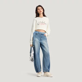 Adidas/Adidas Trefoil Women's Spring 2026 Pure Cotton Denim Loose Wide-Leg Twisted Pants Kr2628