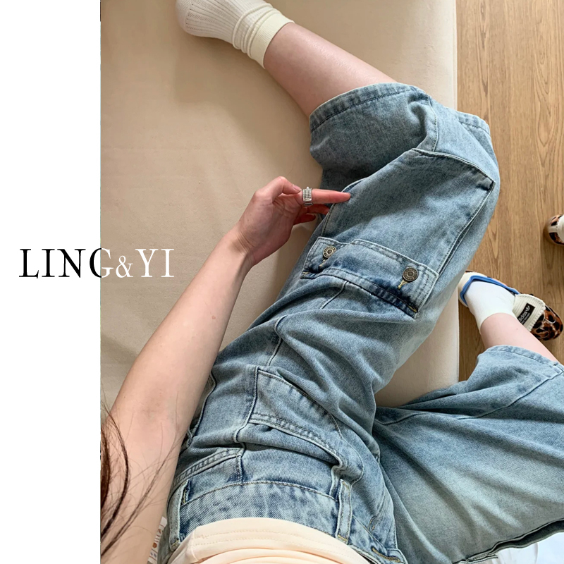 Light Blue American-Style Workwear Cropped Jeans for Women, 2026 Summer New High-Waisted Loose Slimming Multi-Pocket Straight Pants