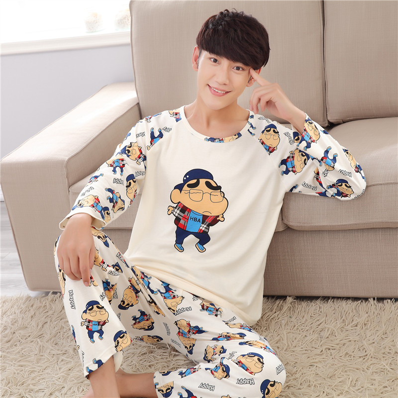 Bộ đồ ngủ nam dài tay cotton mùa xuân mùa thu hoạt hình tuổi teen Hàn Quốc cặp sinh viên tươi mới phục vụ nhà mùa hè đồ bộ đẹp