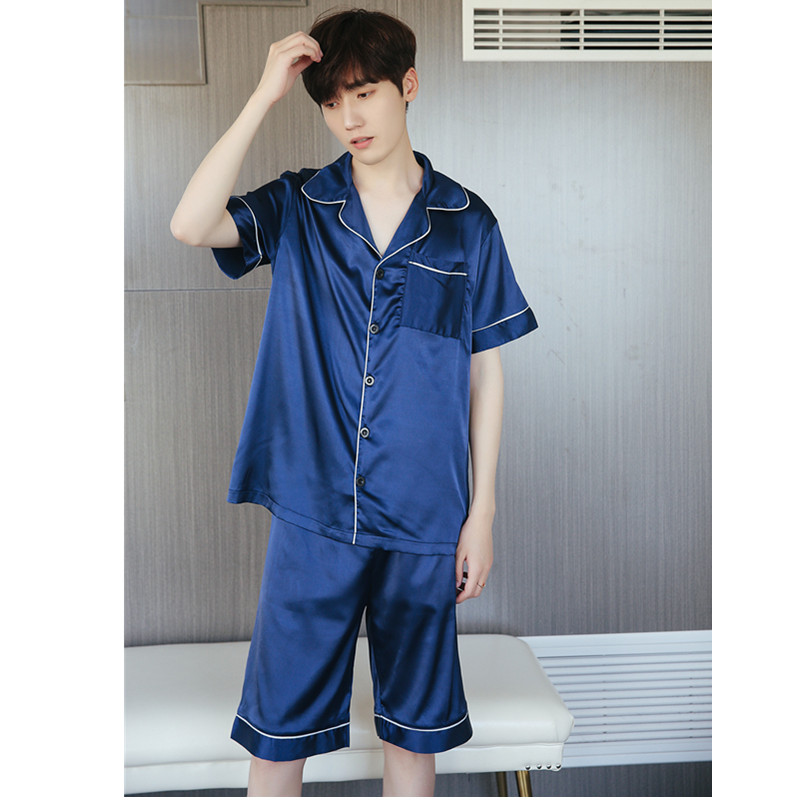 Lụa đồ ngủ nam mùa hè ngắn tay phần mỏng băng lụa thanh thiếu niên junior học sinh trung học 12-18 tuổi lớn trẻ em của dịch vụ nhà áo ngủ nam