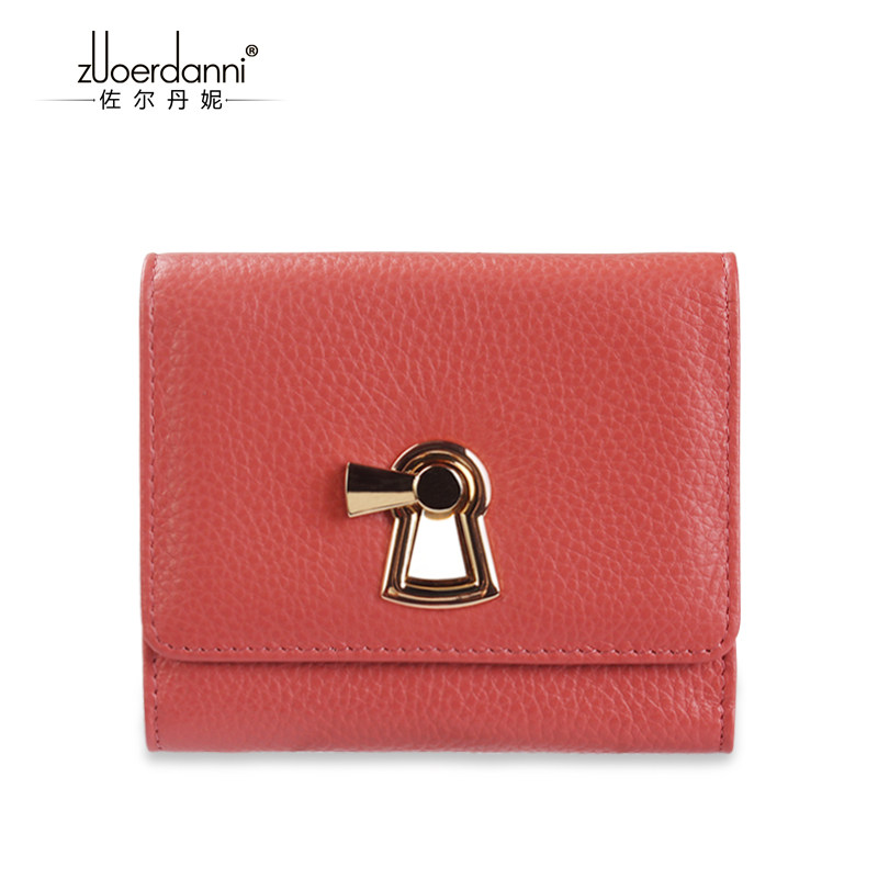 Zordenne Short Lady Genuine Leather Wallet Coin Pull Chain Multifunction Lock Three Fold Lady Leather Wallet Small Wallet