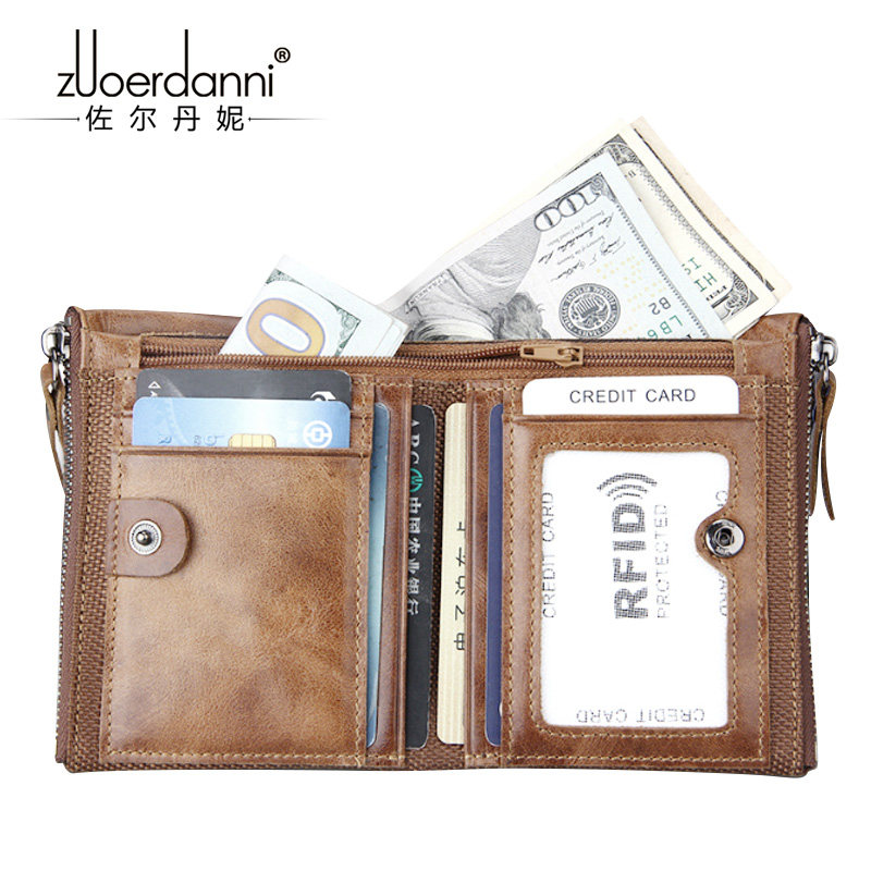 Men's Short Wallet Retro Soft Leather Youth Pull Chain Head Layer Bull Leather Money Clip Men's Carpack Car Driver's License Wallet