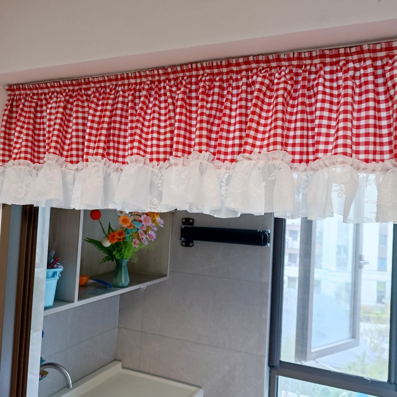 No-Drill Bay Window Curtain, Semi-Blackout Decorative Plaid Curtain, Magic Tape Curtain Head, Dust-Proof Blocking Curtain, Bookcase Short Curtain