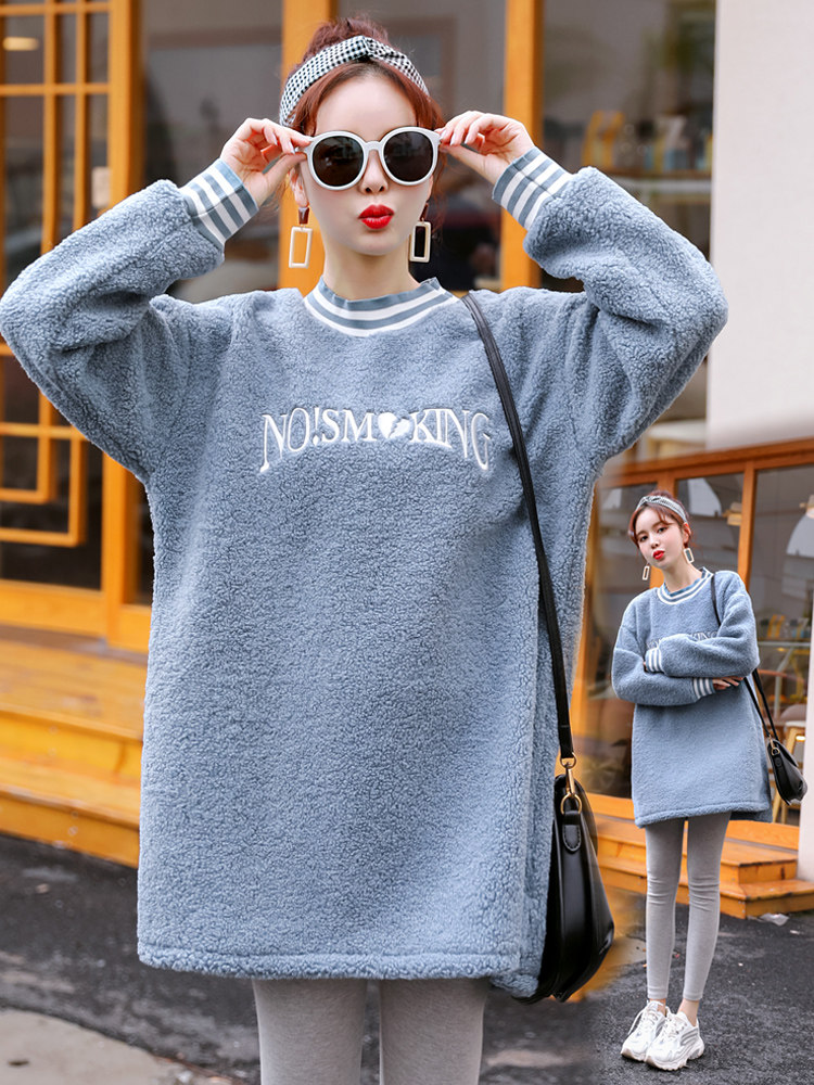 Pregnancy Woman Dress Autumn Winter Style Two Style Suit Fall Plus Velvet Clothing Woman Medium Long Loose Lamb Suede Thickened Jacket Blouse