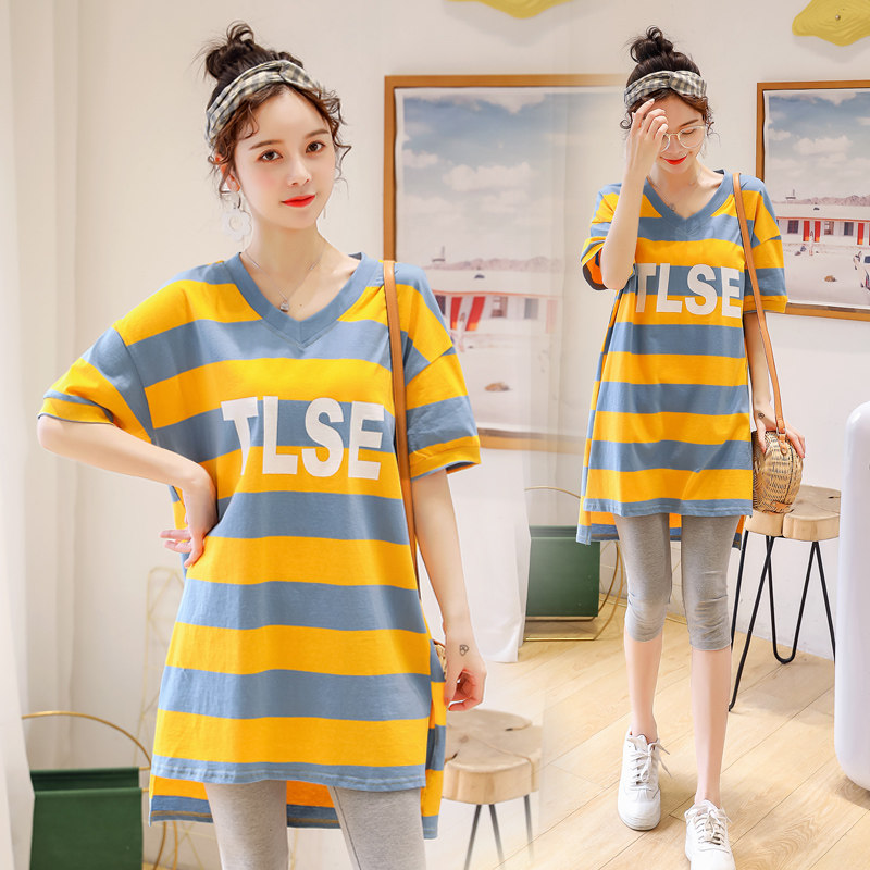 Maternity Summer Suit Out Fashion 2022 New Loose Summer Two-Piece Net Red Striped Top T-Shirt