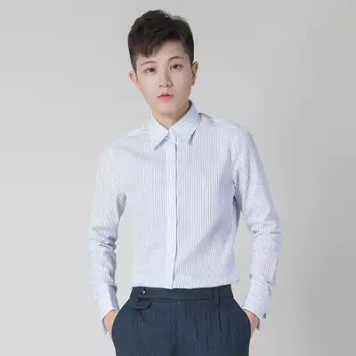 knighttom spring and autumn handsome T formal blue and white vertical striped shirt female design niche shirt Korean version