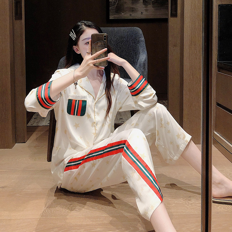 MAJE MANTAS silk pajamas women's autumn and winter thin section temperament fashion striped high-end home service suit