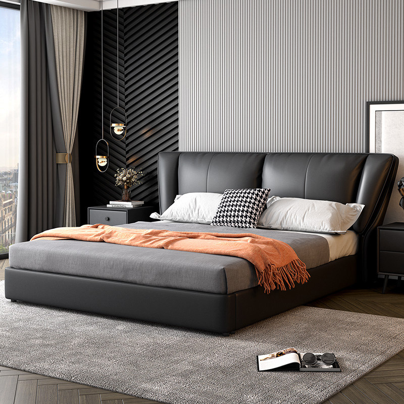 Italian Minimalist Genuine Leather Bed Modern Minimalist double bed 1 8 m Nordic light lavish leather bed master bedroom soft-covered wedding bed