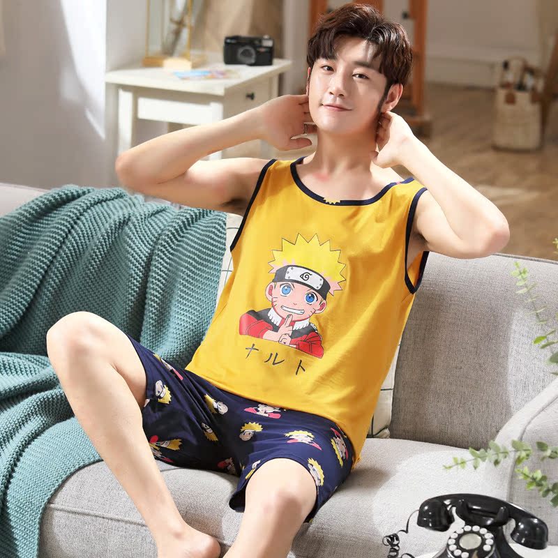 Mens pajamasummer vest ngắn tay bông mô hình mỏng học sinh trung học cơ sở 12-18 tuổi bông nhà quần áo