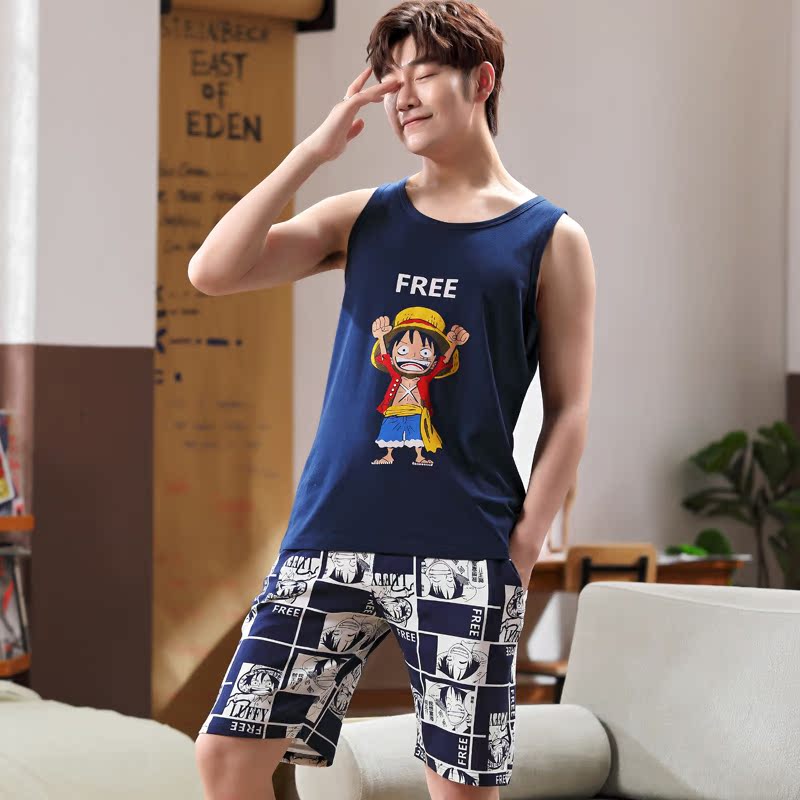 Mens pajamasummer vest ngắn tay bông mô hình mỏng học sinh trung học cơ sở 12-18 tuổi bông nhà quần áo