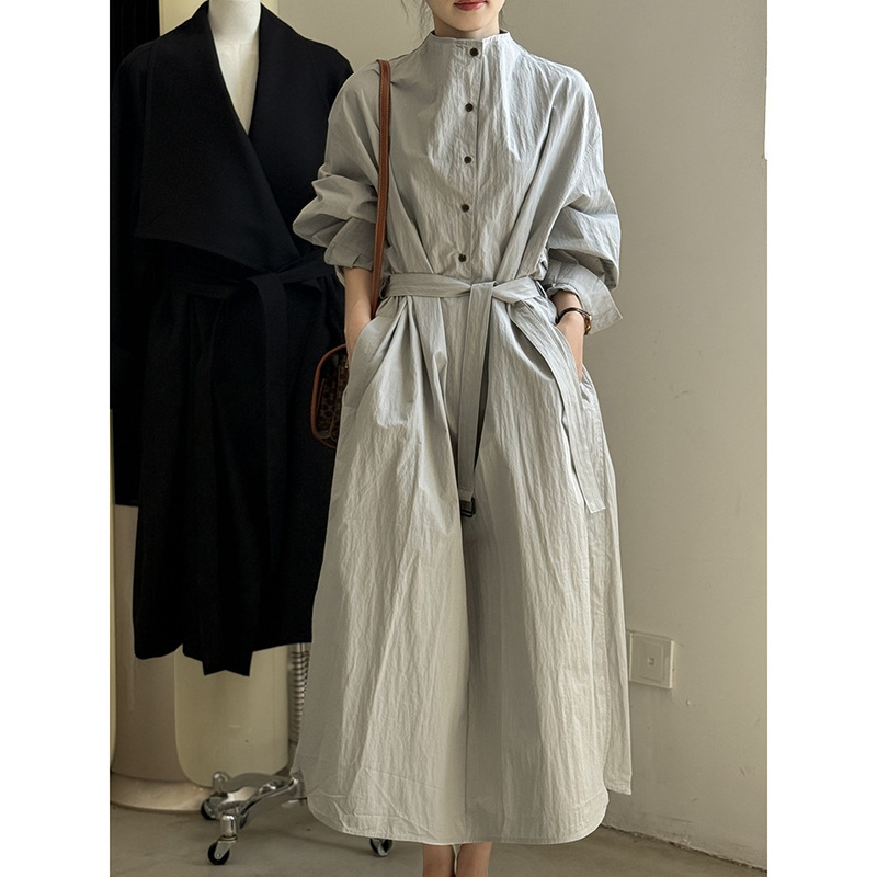 Korean Style Stand-Up Collar Long-Sleeved Shirt Dress for Women, New Autumn Style, Tall, Long, Waist-Cinching, Slimming, Elegant Long Skirt