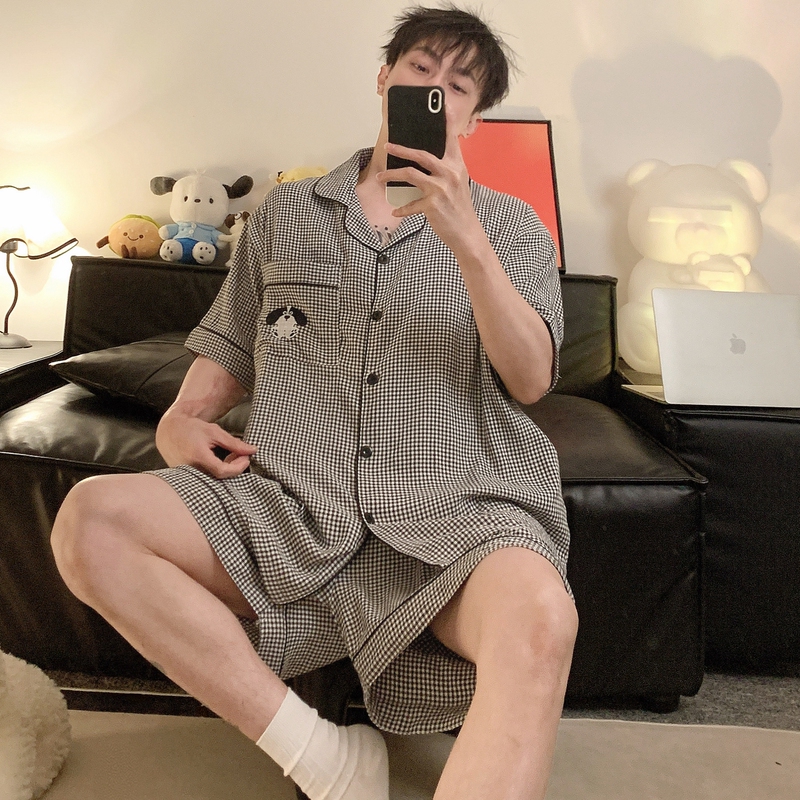 Men's Summer Pajamas, Cloud Cotton Short-Sleeve Thin Style, Extra Large Size, 150kg Plaid Plus-Size Loungewear Set