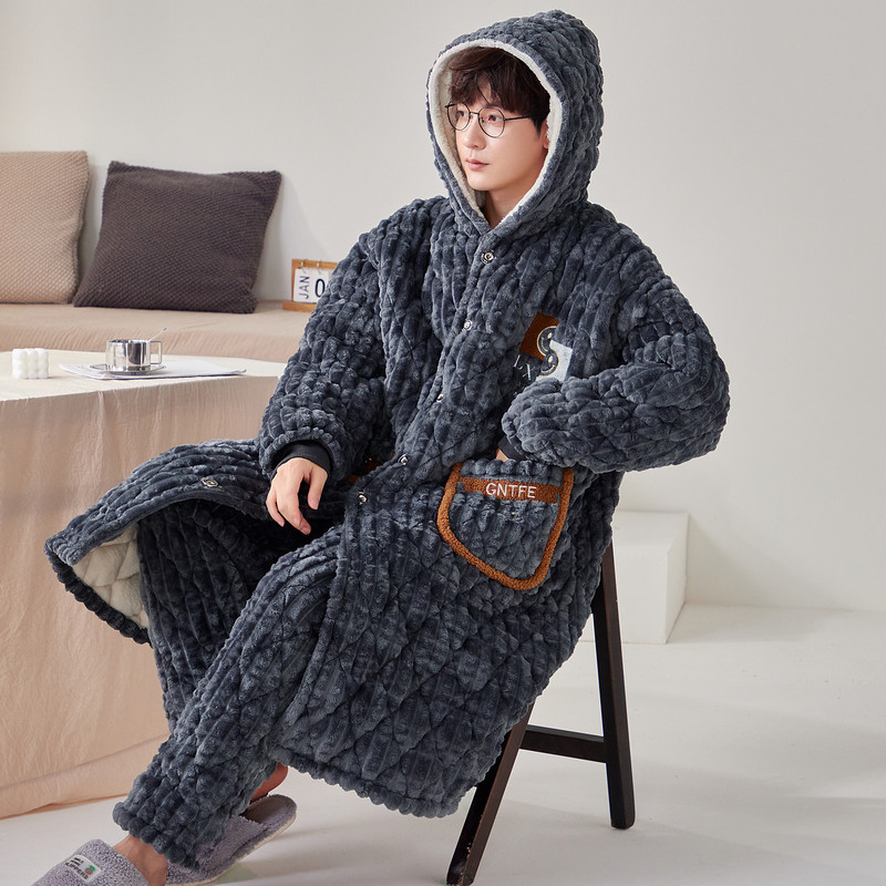 Thicken plus velvet triple laminated cotton warm sleepwear male winter coral suede long sleeping robe with extra-large size 300 catquilted padded jacket-Taobao