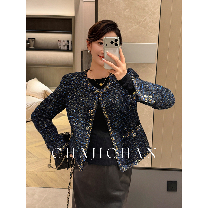 "Blue Gold Palace" Korean Imported Tweed High-End Color-Blocking Luxurious and Exquisite Short-Style Chanel-Style Jacket