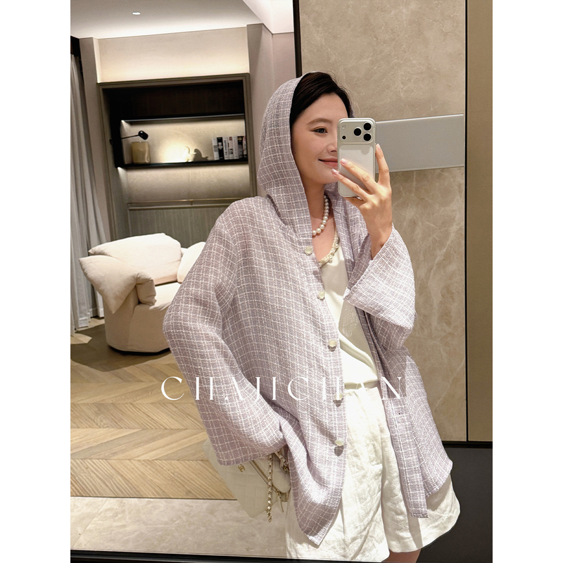 Hyacinth Designer Series Exquisite Fine Plaid Casual Versatile Relaxed Hooded Sun Protection Shirt