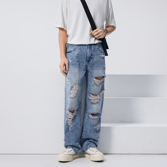 
2025 American ripped jeans men's thin summer trend straight slim fit loose design sense beggar pants men