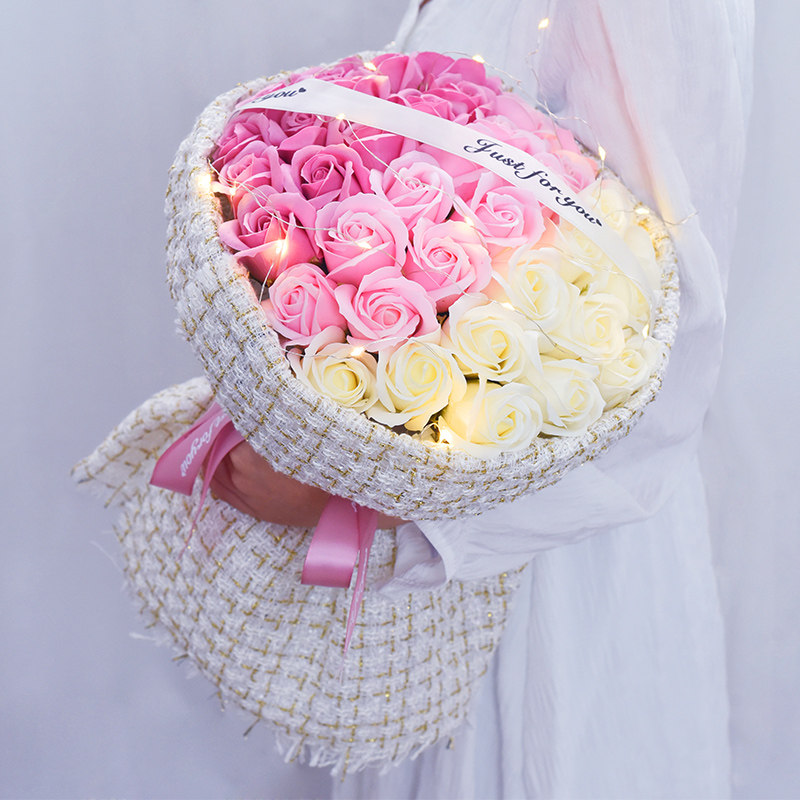 Small fragrant windy bouquet round Gradual Layer Pink Soap Rose Emulation Perpetual Fake Flowers Send Girlfriend Birthday Gift