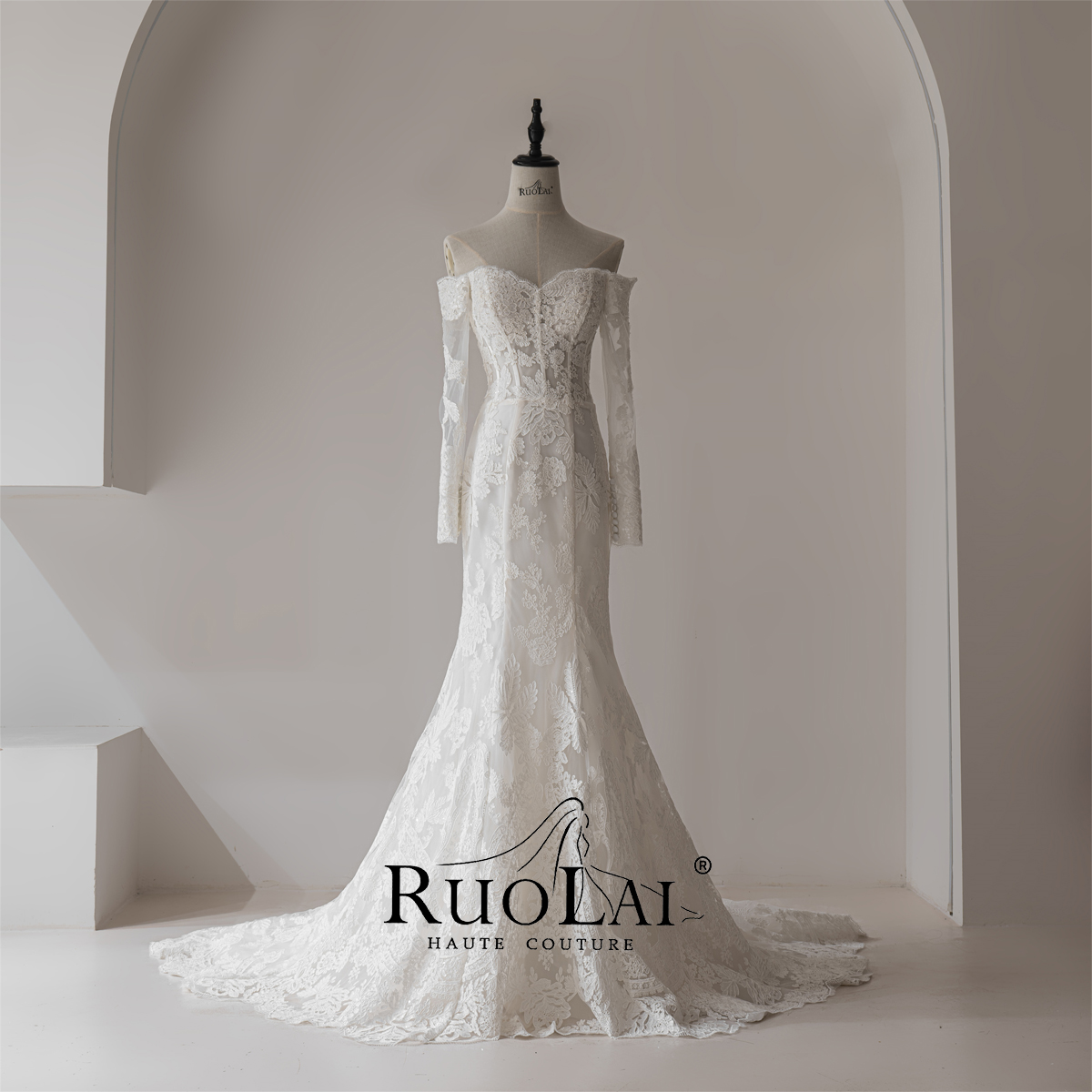 New French Lace Mermaid Light Wedding Dress for Bride Super Fairy Temperament Slim Long Sleeve Dress for Little People 2024