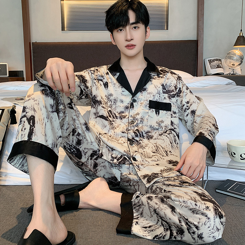 Ice Silk Men's Pajamas Summer New Thin Satin Long-Sleeved Long Pants High-End Imitation Silk Home Wear Set