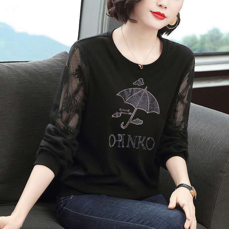 Long-Sleeved T-Shirt for Women, Stylish Cotton Top, 2024 New Korean Style Mesh Lace Spliced Sleeve Top, Spring and Autumn Wear