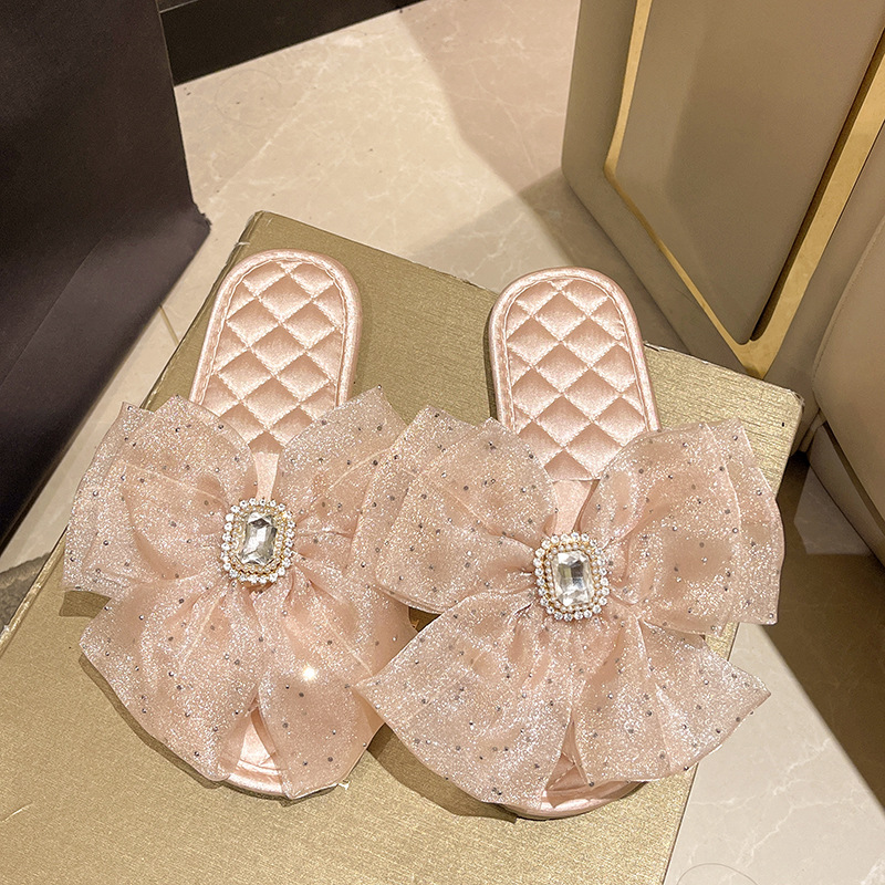 French Fairy-Style Satin Bowknot Bride and Bridesmaid Slip-On Slippers for Hotel and Home Use, Paired with a Dressing Gown, Non-Slip Home Shoes