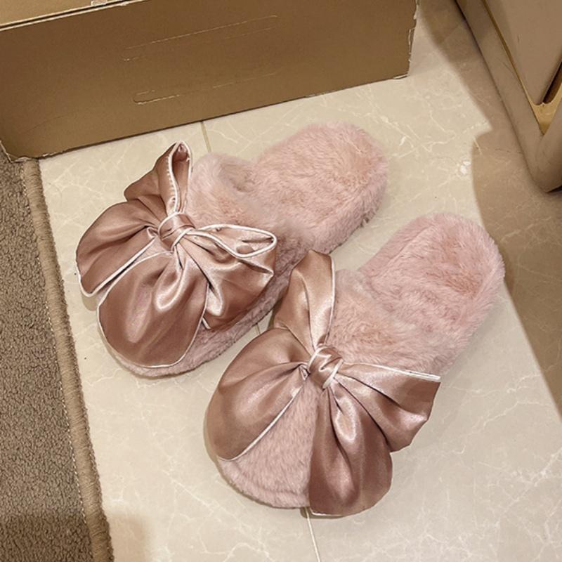 Sweet ins Style Color-Blocked Satin Bow Furry Slippers for Women, Indoor Non-Slip Warm Home Cotton Slippers