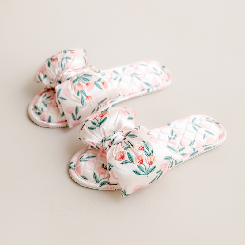 Light Luxury Embroidered Tulip Cherry Satin Bow Slip-On Summer Cool Indoor Non-Slip Slippers