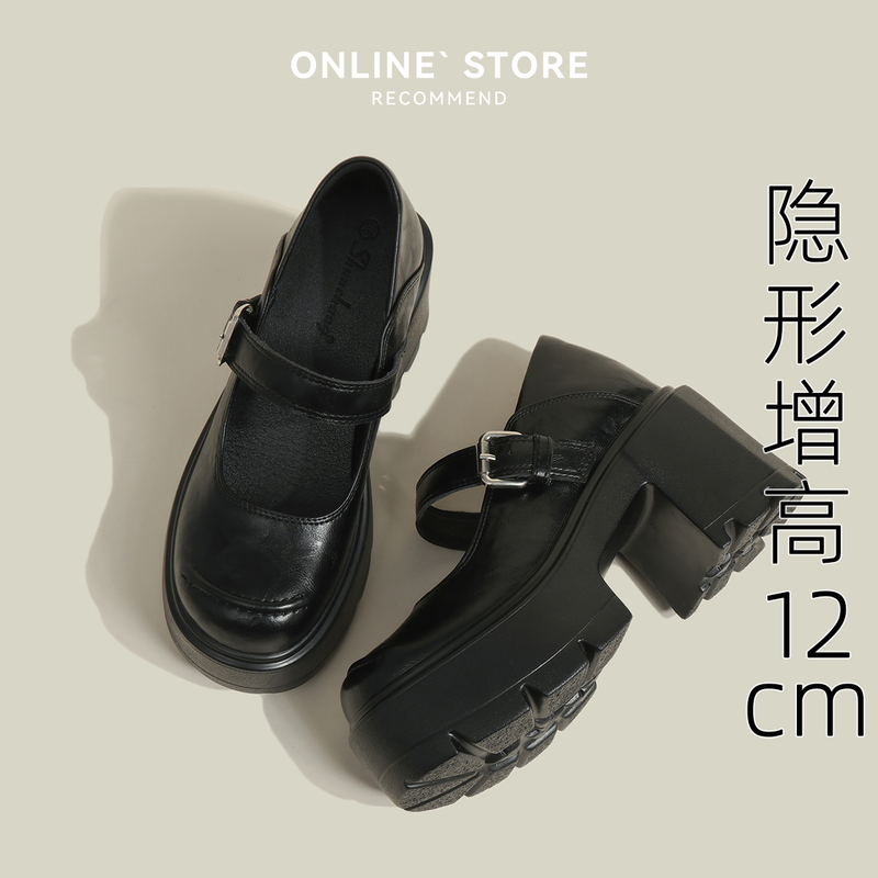 12cm Height-Increasing Mary Jane Shoes for Petite Women, French-Style Ultra-High Heels, Single Strap Flats, Black Thick-Soled Leather Shoes