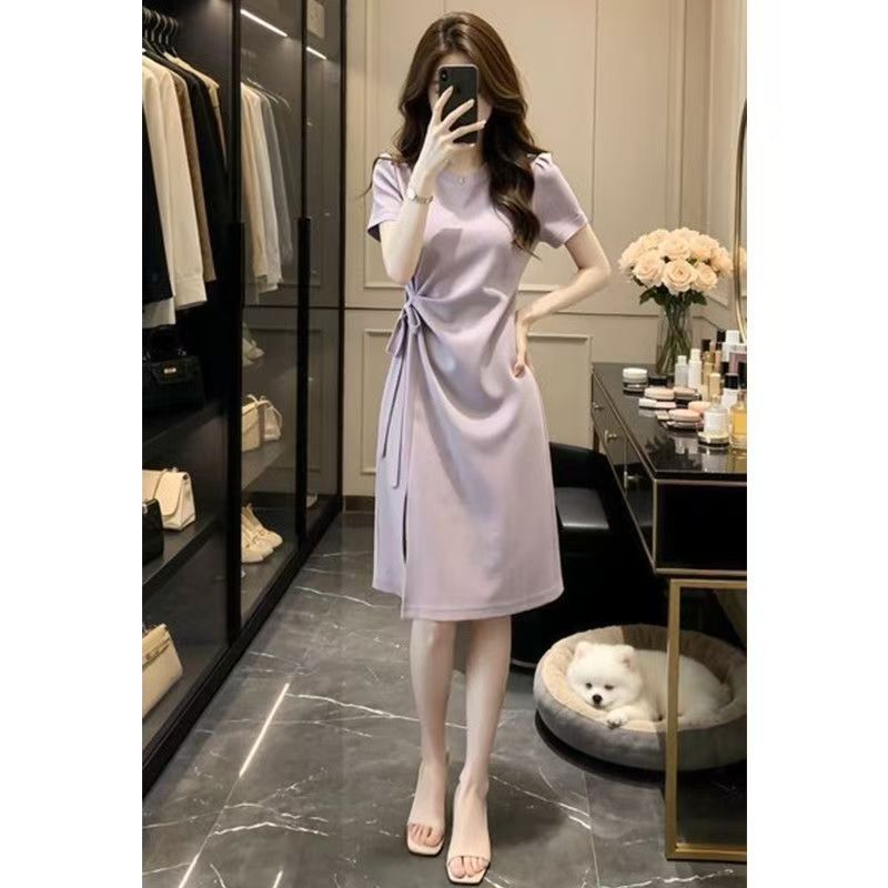 Solid Color Summer New Style Elegant Slimming Tie-Waist Dress with Stylish Waist-Cinching Mid-Length Slit Design Solid Color Summer New Style Elegant Slimming Tie-Waist Dress with Stylish Waist-Cinching Mid-Length Slit Design