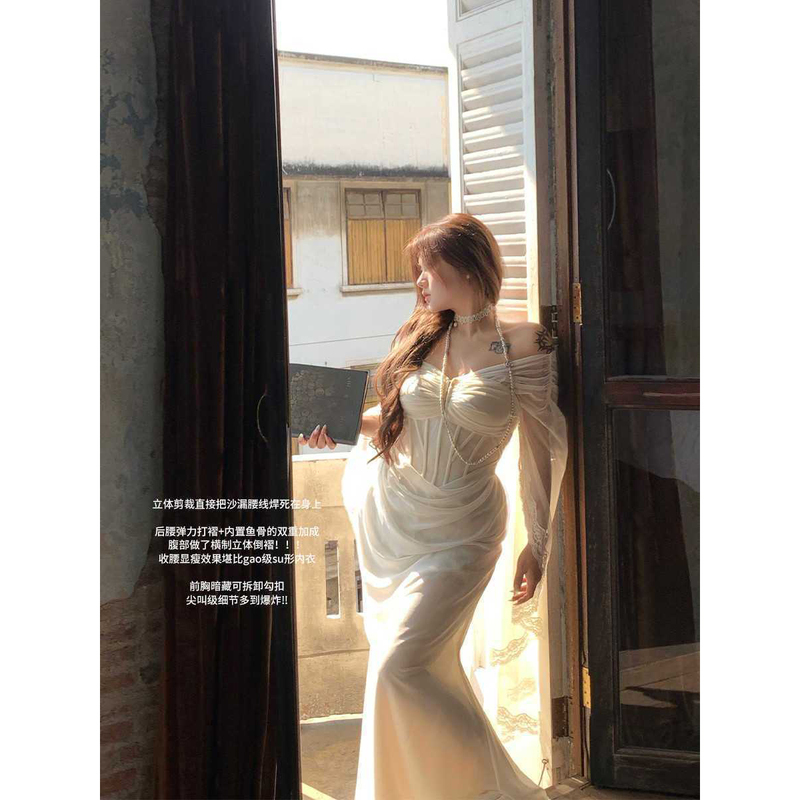 Plus-Size Goddess Dress with Lace Splicing and Train, Women's Summer New Semi-Sheer Fishbone Long Dress