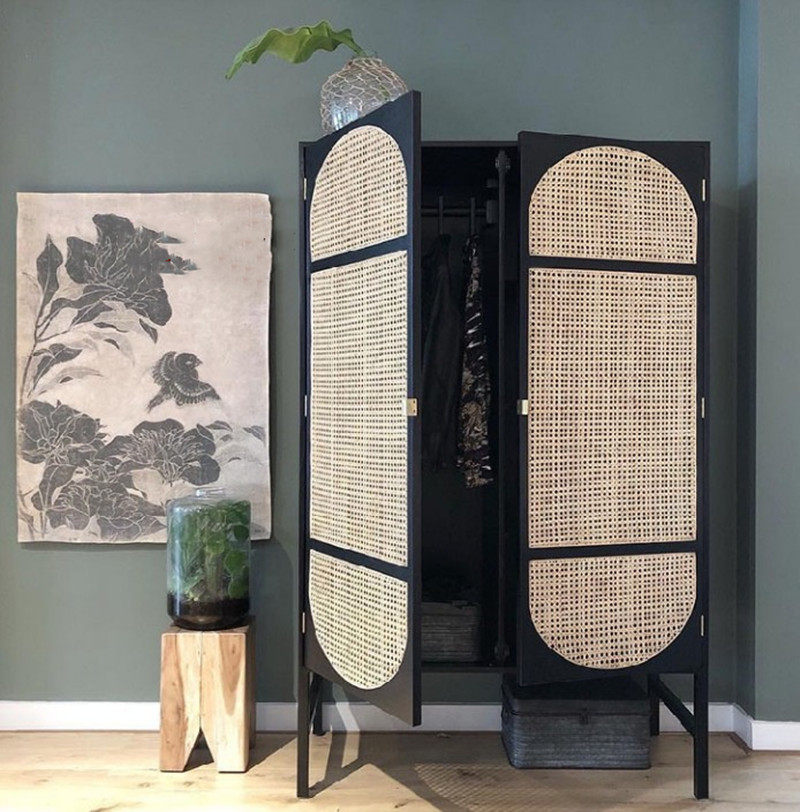 Nordic solid wood rattan wardrobe European-style small apartment home modern two-door cabinet bedroom clothes overall cabinet simple storage