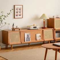 Nordic minimalist solid wood TV cabinet Japanese small apartment rattan art sideboard homestay floor side cabinet lockers