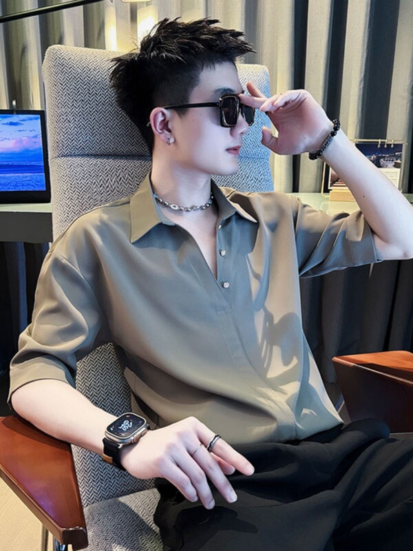 New Summer Ice Silk Quick-Drying Shirt, Thin Men's Trendy Brand Shirt, Casual and Handsome Five-Quarter Sleeve Pullover Polo Shirt