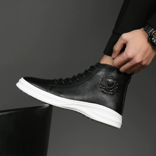 Демисезонные черные кожаные высокие короткие сапоги для отдыха для кожаной обуви для мальчиков, из натуральной кожи