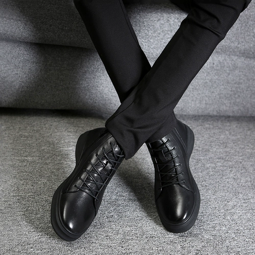 Демисезонные черные кожаные высокие короткие сапоги для отдыха для кожаной обуви для мальчиков, из натуральной кожи