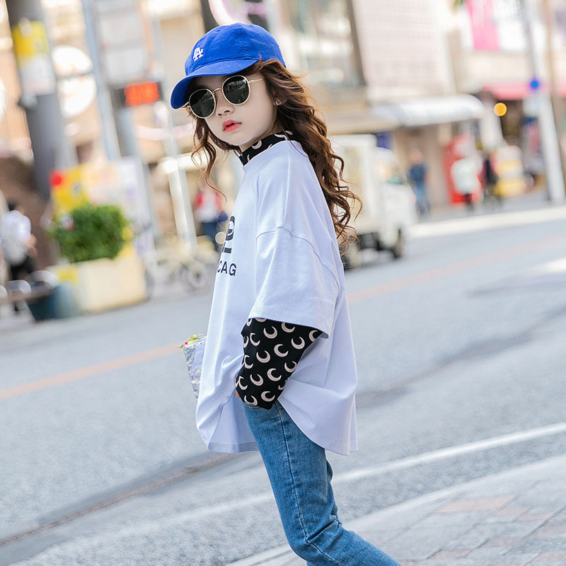 Girls T-shirts 2022 autumn new middle-aged children's Korean version of the fake two-piece long-sleeved loose bottoming shirt top trendy