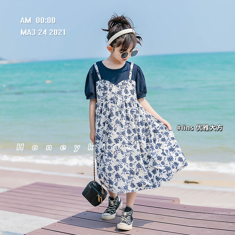Girl's dress Summer 2022 new foreign Han version Children's dress Summer clothing Bubble Sleeves Woman with Broken Flowers Skirt