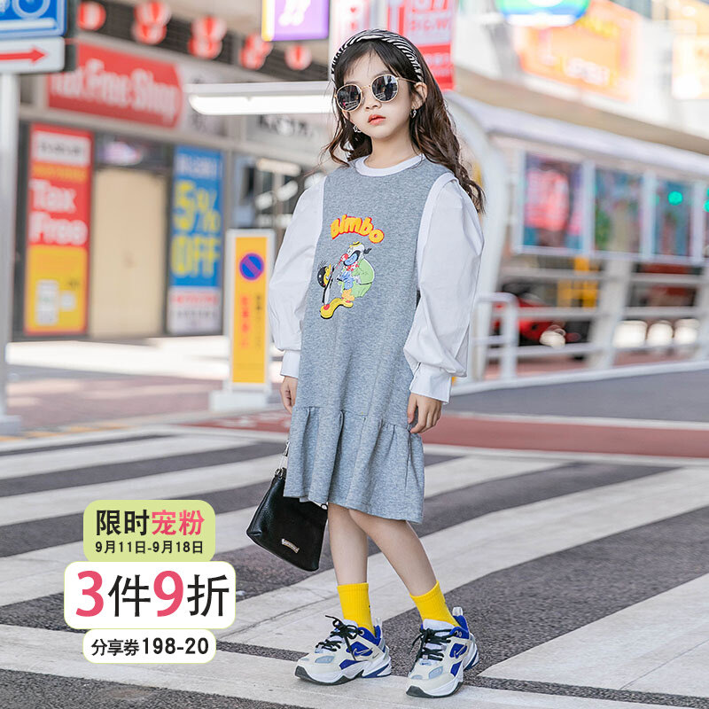 Girls' dresses 2022 autumn new children's Korean version of the puff sleeves thick T-shirt skirt in the big boy's foreign style princess skirt tide