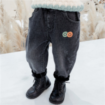 Girls jeans childrens foreign style new autumn and winter wear childrens baby plus velvet thickened warm long pants tide