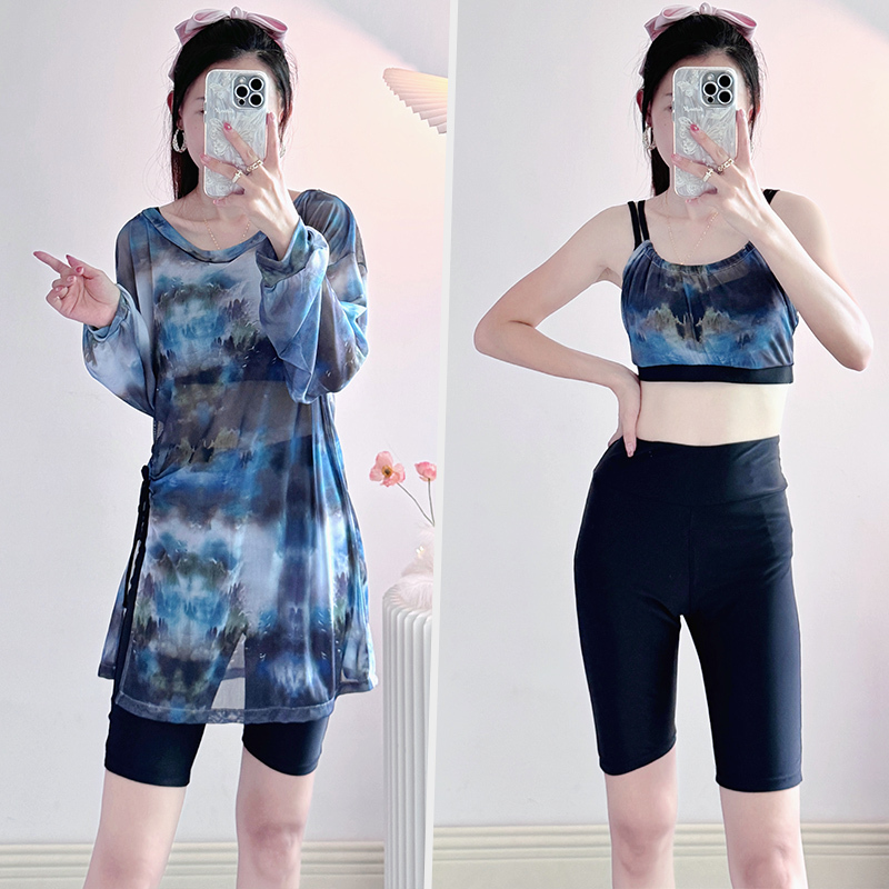 Women's Conservative Two-Piece Swimsuit with Mesh Cover-Up, Long-Sleeve Quick-Dry Top, Loose Plus-Size, Body-Covering Swimwear for Swimming Pool Training