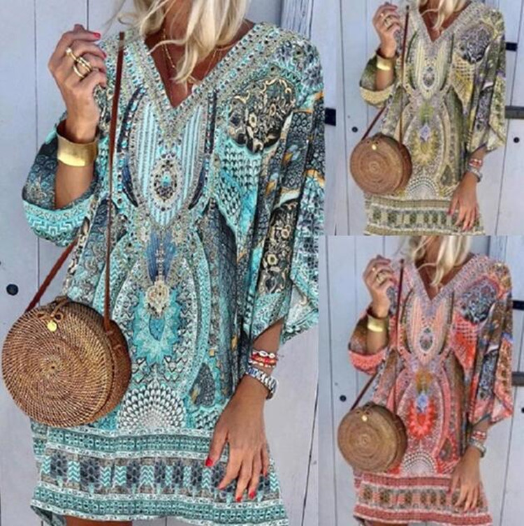 Womens Autumn Bohemian V-neck Long Sleeve Print Dress