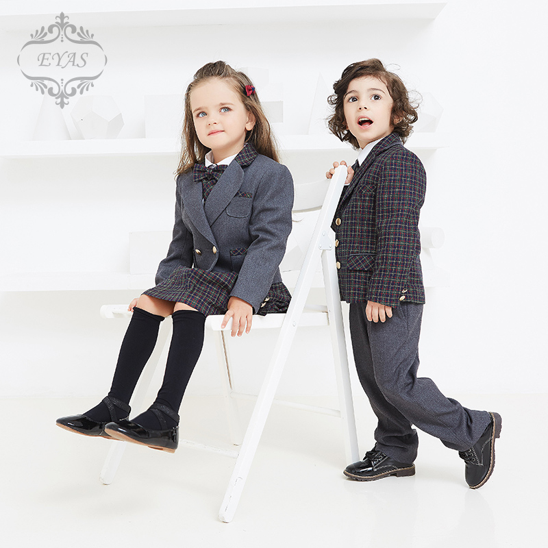 EYAS baby small suit children male and female plaid suit flower boy waistcoat A pleated dress suit with three sets of winter