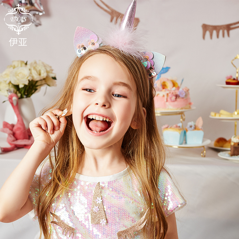 EYAS Girl Hair Clip Mesh Red Pony Rainbow Small Horse Unicorn Hair Hoop Children's Headwear Birthday Party Solid Hair Accessories