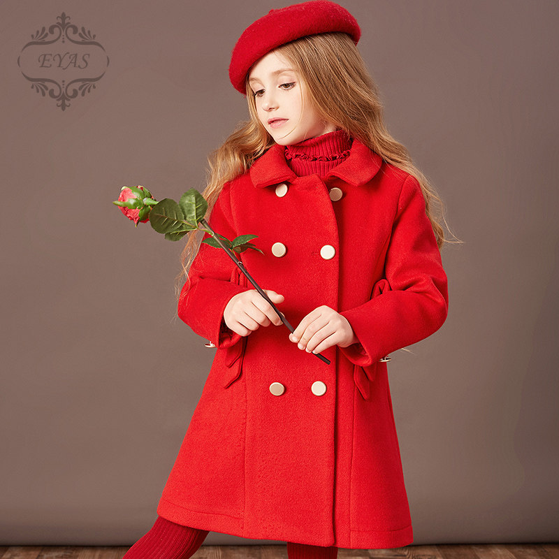 EYAS girl's coat of clothing 2018 new autumn and winter foreign pie thickened mid-hair children double-row buttoned suo jacket