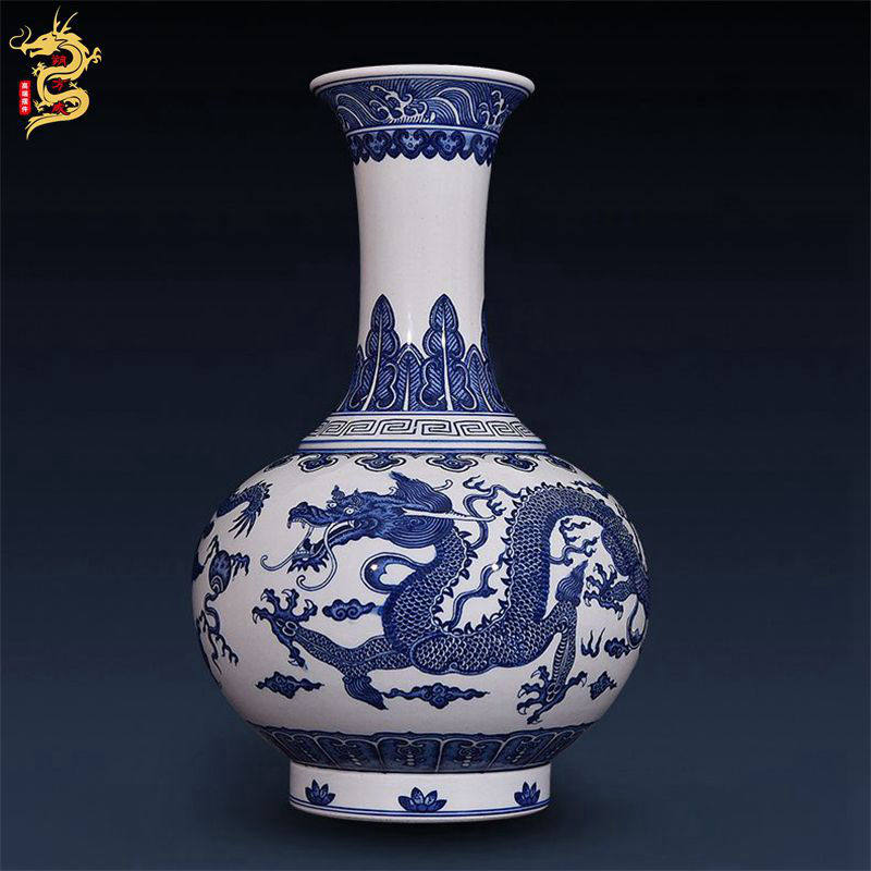 High-grade ceramics handmade antique blue and white porcelain home TV cabinet vase flower arrangement living room Chinese decoration decoration