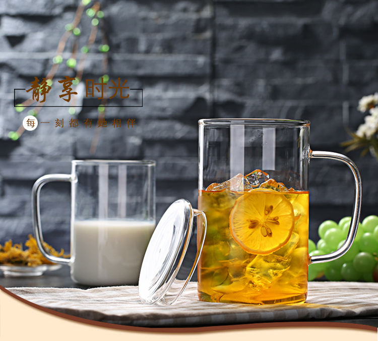 Youdetang household glass cup with lid glass water cup with handle tea cup heat-resistant glass milk cup office cup