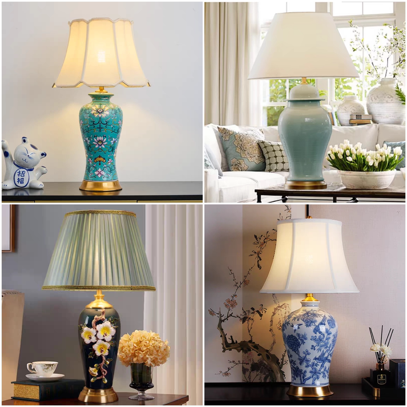 American-Style Minimalist Retro Table Lamp, Bedroom Bedside Lamp, Warm New Chinese-Style Song Aesthetic, Jingdezhen Ceramic Hand-Painted